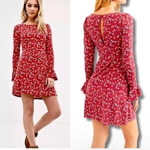 Free People Say Hello Floral Mini Red Long Sleeve Dress Size S